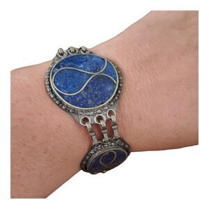 Vintage Lapis Lazuli Inlay Bracelet Geometric Panels Bracelet on Alpaca Silver